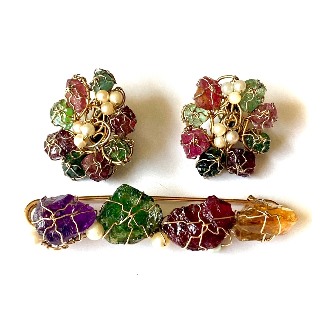 VTG B.A. Ballou 12K Gold Filled Raw Gemstone Brooch & Earring Set MCM Rare Find